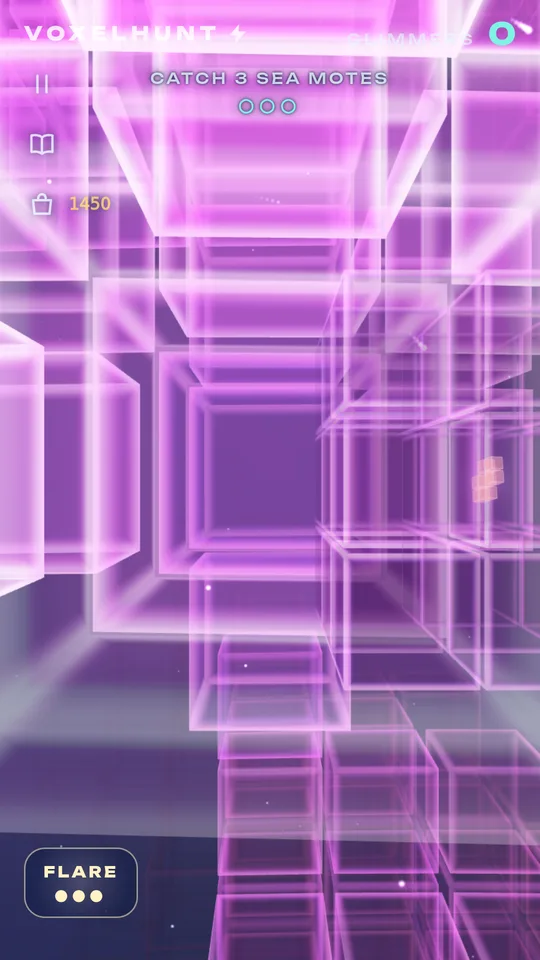 Swimming through glowing pink and violet glass blocks in VoxelHunt